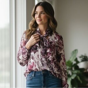 NWT Guess Los Angeles Blanch Tie Neck Blouse Sz Small